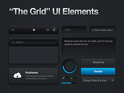 The Grid UI Elements bar buttons checkbox clean dark dropdown field form gui input interface kit loader radial search set slider ui ux