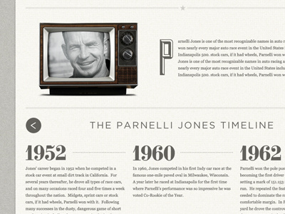 Timeline driver duke gotham indycar parnelli jones racing strasse television timeline tv vintage web website