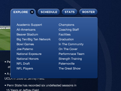 Penn State Drop-Down penn state college university sports athletics dark blue drop-down nav menu ui