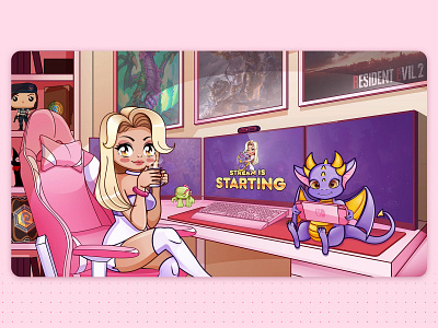 Starting soon screen Illustration anime branding character characterdesign chibi cute design dragon gaming girl illustration pc setup starting soon stream streaming twitch vector