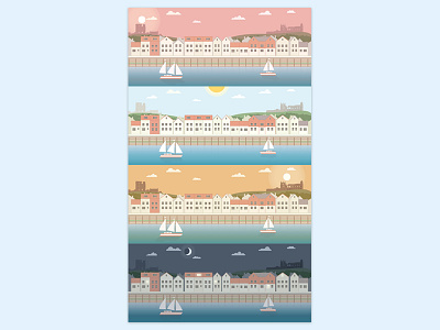 Coastal illustration - dawn, day, dusk, night coast illustration seaside