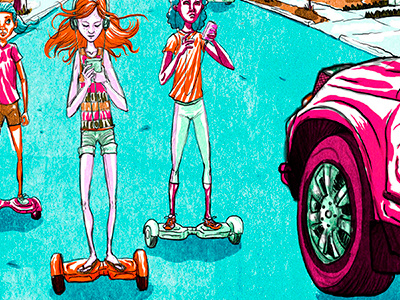 Hover-board Girls digital ink digital paint editorial illustration social commentary