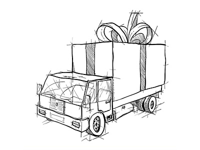 Truck with gift box academic black black white cartoon drawing drawing ink hand hand drawn illustration sketch vector vector illustration