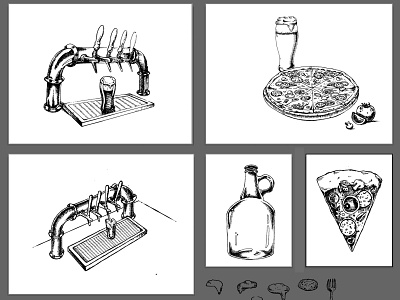 Sketched illustration bar beer black white drawing drawing ink fast food hand drawn illustration pizza sketch