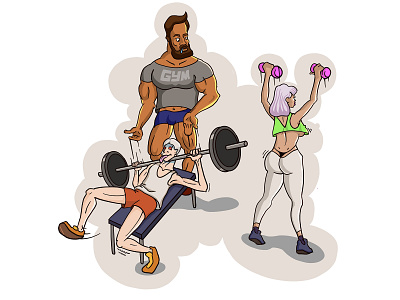 Gunny gym art cartoon female gym hand drawn illustration joke male man manual muscle power sexy woman