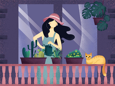 Girl with the plants ai balcony cactus cat character flat girl grain illustration plant texture vector