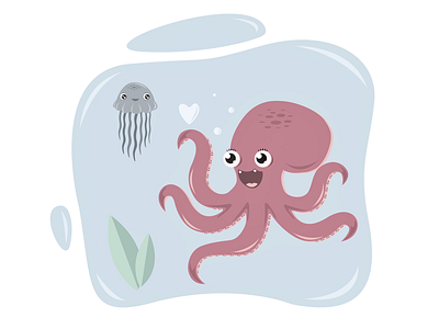 Love ai blue bottom design flat icon illustration jellyfish love ocean octopus sea