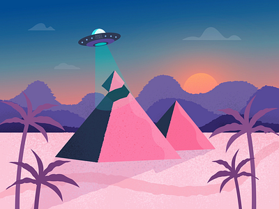 Aliens alien color desert design egypt flat illustration palm pink pyramids sunset ufo
