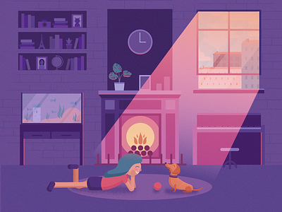 Cozy room character decor design dog fire fireplace flat girl illustration light purple room