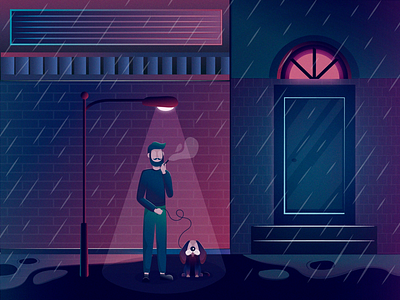 Midnight walk ai dog illustration lights man neon night rain rainy smoking street vector