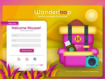 Wanderloop Sign Up design illustration illustrator pink sign up form sign up screen signup page ui ui daily uidaily uidailychallenge yellow