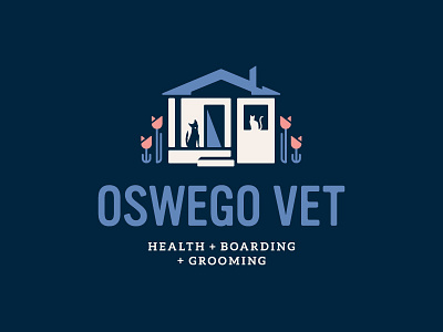 Oswego Vet - Logo cat dog flowers home house negative space pets shadow vet veterinary hospital