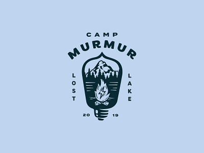 Camp Murmur - Event Logo blue camp campfire camping fire lanscape lightbulb lightning lightning bolt logo logs lost lake mountain mt hood oregon pnw trees type
