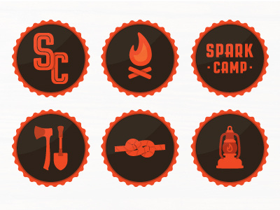 Spark Camp Badges axe brown fire flame inline john boilard jp boneyard knot lantern logo orange shovel spark camp