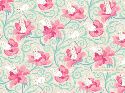 Bunnies and flowers. Textile Design annapogulyaeva annapogulyaeva art bunny eastern style fabric floral pattern flower illustration pink rabbit textile design textile designer