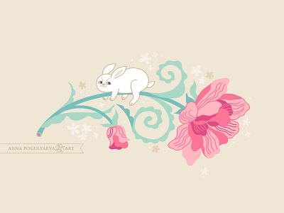 Bunny and flower. Design for clothes annapogulyaeva annapogulyaeva art bunny fabric floral pattern floral print flower graphic design illustration pink rabbit textile design textile designer