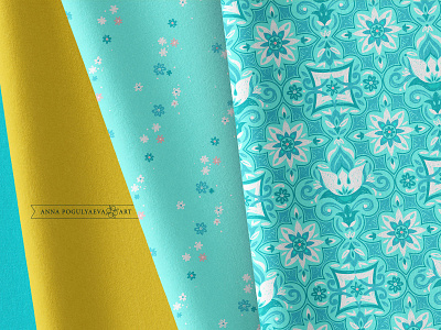 Turquoise. Flowers and rhombuses