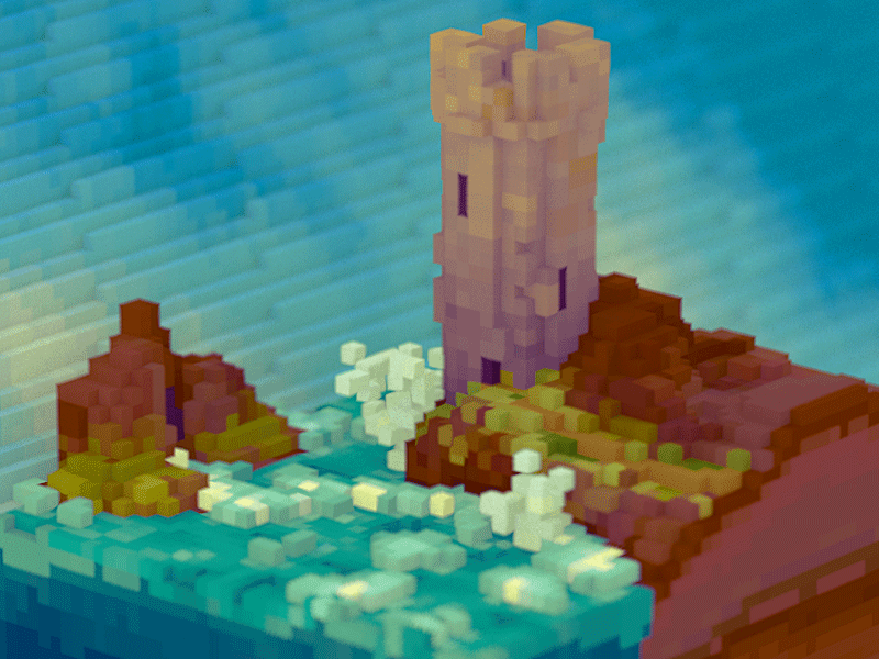 Seaside 3d gif isometric landscape tower voxels water