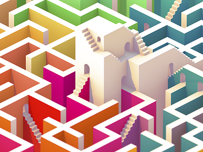 Labyrinth 3d isometric labyrinth maze multicolored stairs towers walls