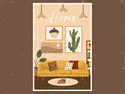 home sweet home bookcase cat decorations home illustration lights paintings plants retro sofa vintage