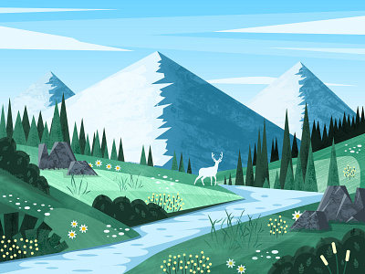 Mountain clouds deer flowers illustration mountain nature outdoors river sky snow stones tree woods