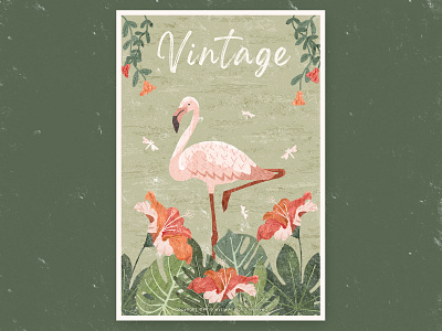 Vintage2 design flamingo flowers green illustration monstera deliciosa plants retro vintage