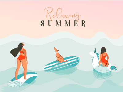 Relaxing Summer beach cartoon dog illustrations ocean people sea summer sunlight surfing swimming unicorn