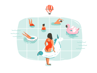 Swimming pool art cartoon flamingo float ring illustration people swimming swimming pool unicorn