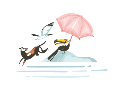 On the beach abstract animals beach birds cartoon characters dog illustration ocean summer toucan tropical