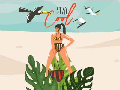 Stay Cool beach birds girl holidays leaves ocean palm summer toucan tropical wave