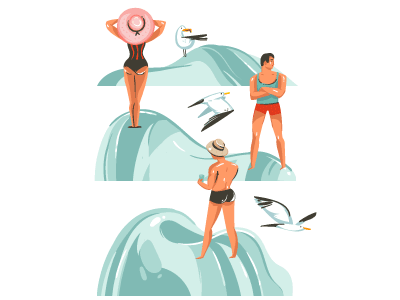 On The Beach beach birds cartoon illustrations ocean outdoor people sea summer surfing swimming