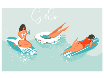 Swimming Girls beach cartoon girl characters illustrations ocean people sea summer surfing swimming