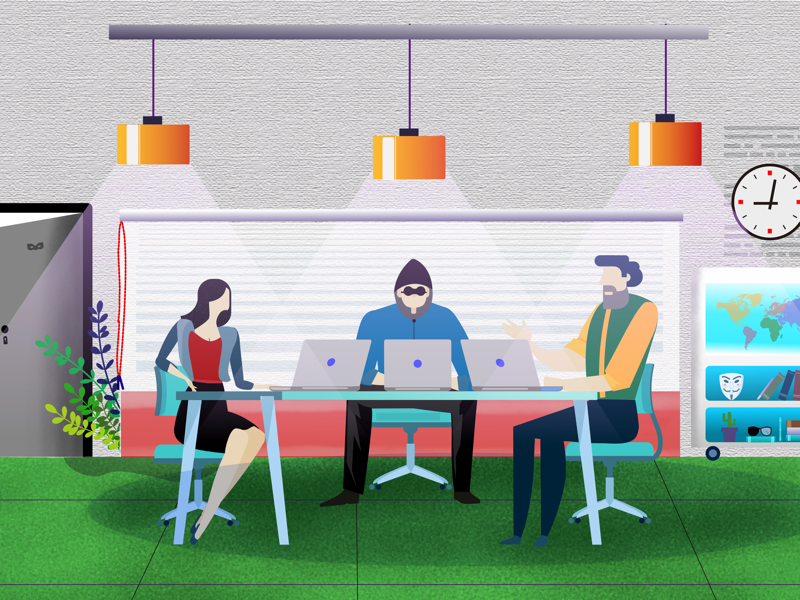 Tech meetups illustration collaboration teamwork anonymous tech meetups cybersecurity