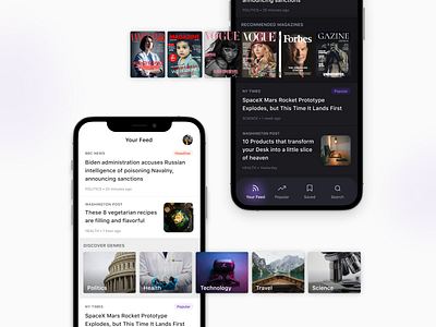 News Feed app app clean concept dark design feed glow interface light magazine menu mobile mockup news ui uidesign uiux ux