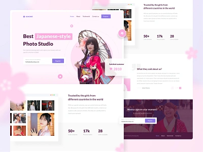 Kimone: A Japanese-style photo studio landing page cute girls girly japan japanese japanese girl japanese style kimono landing page landingpage pastel photo photography photography landing page photography website pink soft studio ui ux