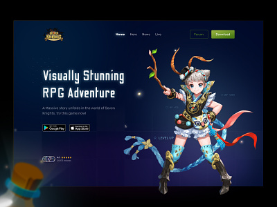 Seven Knights - mobile RPG adventure game (hero section) adventure character clean colorful dark mode futuristic game glow glow in the dark hero section landing page layout mobile mobile game rpg ui uiux ux web website
