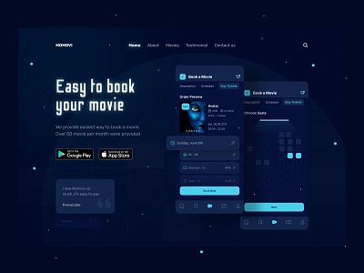 Movie ticket booking landing page 🎫 avatar clean colorful dark dark mode fantasy film glow glow in the dark hero hero section landing landing page movie sparkle ticket ui ux web website