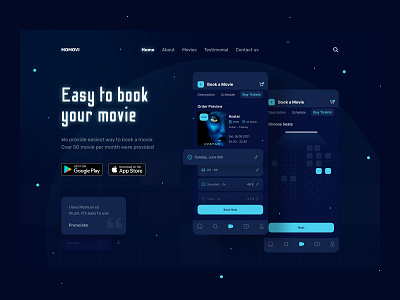 Movie ticket booking landing page 🎫 avatar clean colorful dark dark mode fantasy film glow glow in the dark hero hero section landing landing page movie sparkle ticket ui ux web website