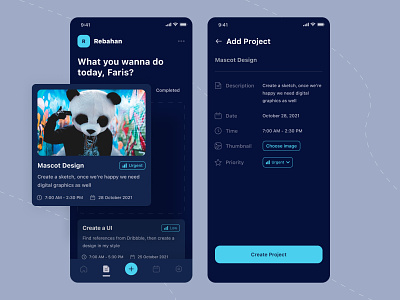 Rebahan - a task management app blue daily activity daily checklist daily task dark dark mode glow glow in the dark glowing habit management habit tracker mobile app mobile phone personal habit phone productive life task task management ui