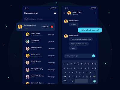 Meowsenger - a messaging app 📱 android app chat chatting colorful cool dark dark mode glow glow in the dark ios message mobile mobile app mobile phone phone sns social media ui ux