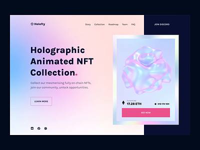 NFT Marketplace (Hero section) 💿 animation blockchain colorful crypto cryptoart cryptocurrency dark mode defi glow in the dark hero section hologram holographic landing page nft non fungible token ui ui design web design web3 website