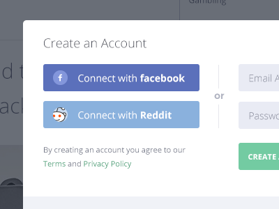 Create an Account button create account facebook facebook connect input modal overlay reddit sign up signup social