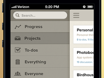 Basecamp iOS app icons ios iphone menu progress projects search side nav side navigation slide menu texture to dos