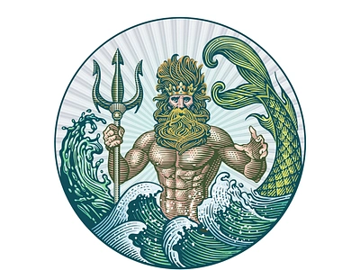 Neptunas Rex illustration merman neptune poseidon roger xavier scratchboard trident woodcut