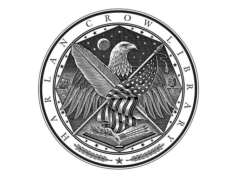 Harlan Crow Library Seal flag eagle illustration woodcut harlan crow library seal roger xavier scratchboard