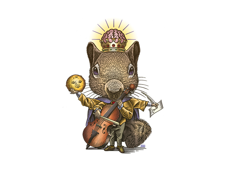 Sqiurus Rex anthropomorphixed squirrel illustration woodcut king of squirrels roger xavier scratchboard