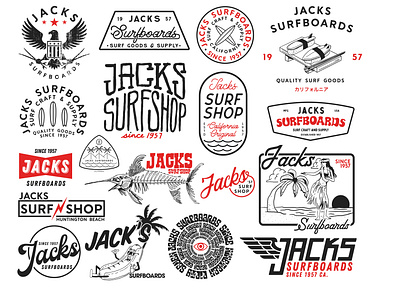 Jack's Surfboards various logos action sports apparel branding california design hand drawn identity illustration illustrator lettering logo ocean surf type typography vector
