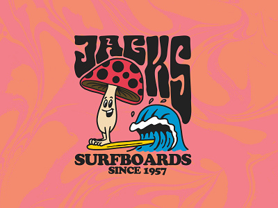 Surfin' Shroom graphic for Jack's Surfboards action sports adobe illustrator apparel design apparel graphics branding california design hand drawn identity illustration illustrator lettering logo psychedelic retro surf type typography vector