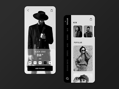 Online Dress Catalog app bag black black white cart clean dress glasses ios iphone list menu model photo search size ui uiux ux