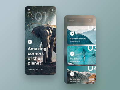 Nature Landing Page (Concept Mobile) concept elephant ios ios app list mountain nature navigation planet search ui video